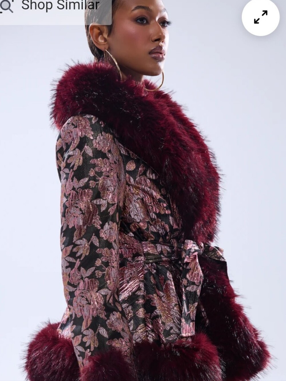 NWT AKIRA Burgundy+Pink Floral Jacquard Coat with Faux Fur Trim - Picture 3 of 9